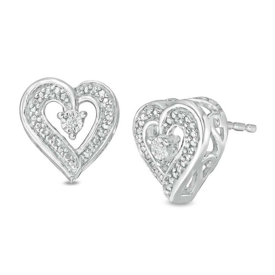 Earrings Zales | Diamond Accent Beaded Heart Stud Earrings In Sterling Silver