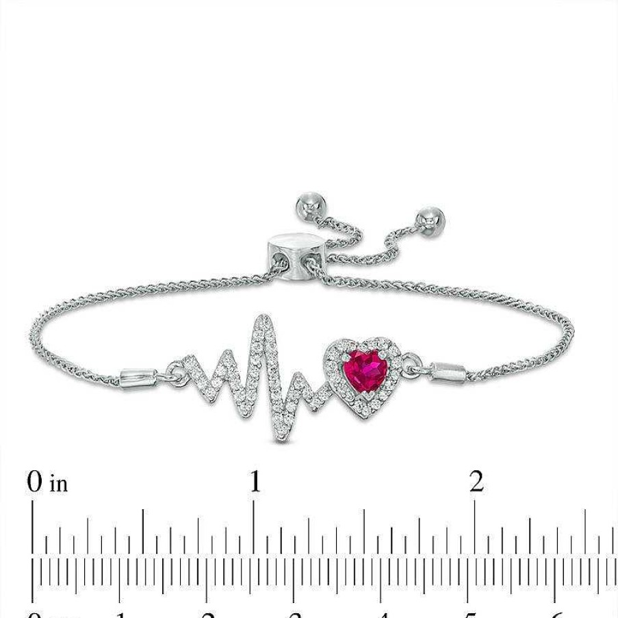 Bracelets Zales | 5.0Mm Heart-Shaped Lab-Created Ruby And White Sapphire Frame Heartbeat Bolo Bracelet In Sterling Silver - 9.5"