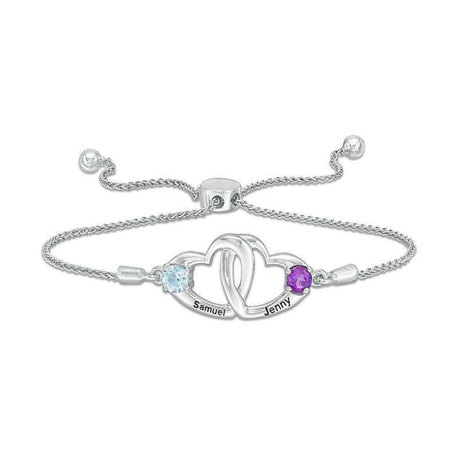 Bracelets Zales | Couple'S 4.0Mm Simulated Birthstone Interlocking Heart Bolo Bracelet In Sterling Silver (2 Stones And Names)