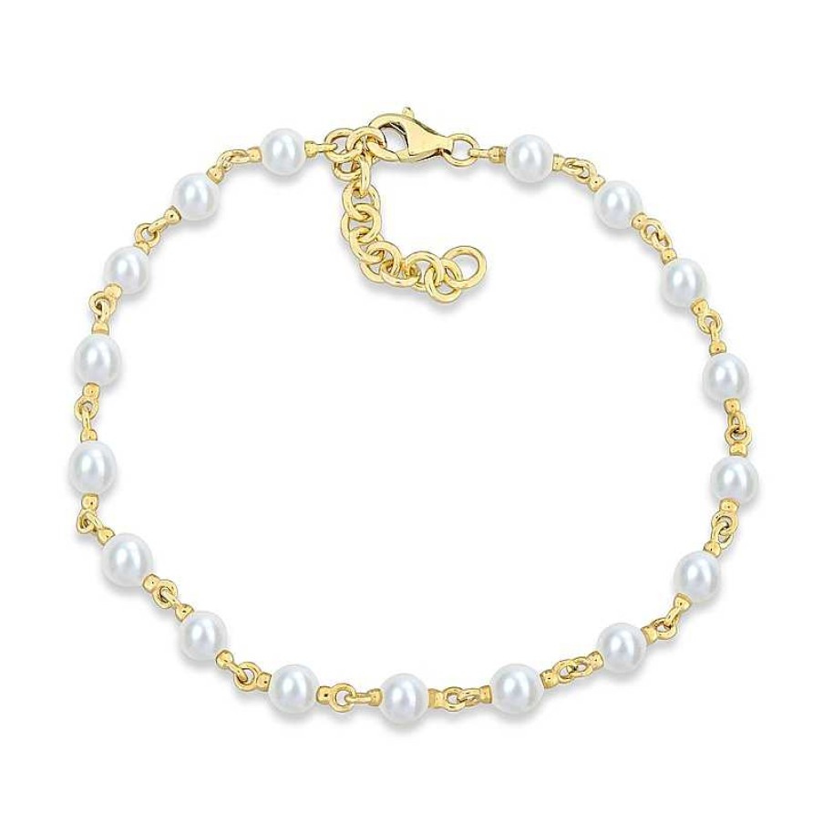 Bracelets Zales | 3.5-4.0Mm Cultured Freshwater Pearl Station Bracelet In 10K Gold - 7.25"