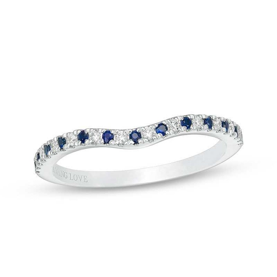 Rings Zales | Vera Wang Love Collection Blue Sapphire And 1/15 Ct. T.W. Diamond Contour Wedding Band In 14K White Gold