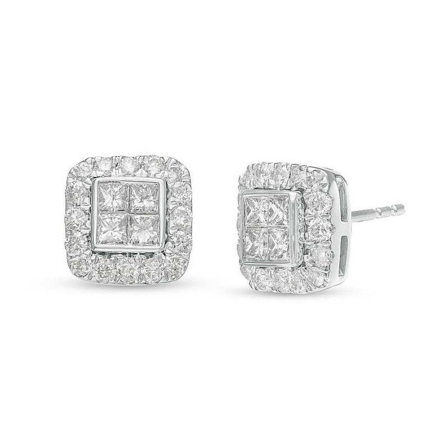 Earrings Zales | 1 Ct. T.W. Quad Princess-Cut Diamond Cushion-Shaped Frame Stud Earrings In 10K White Gold