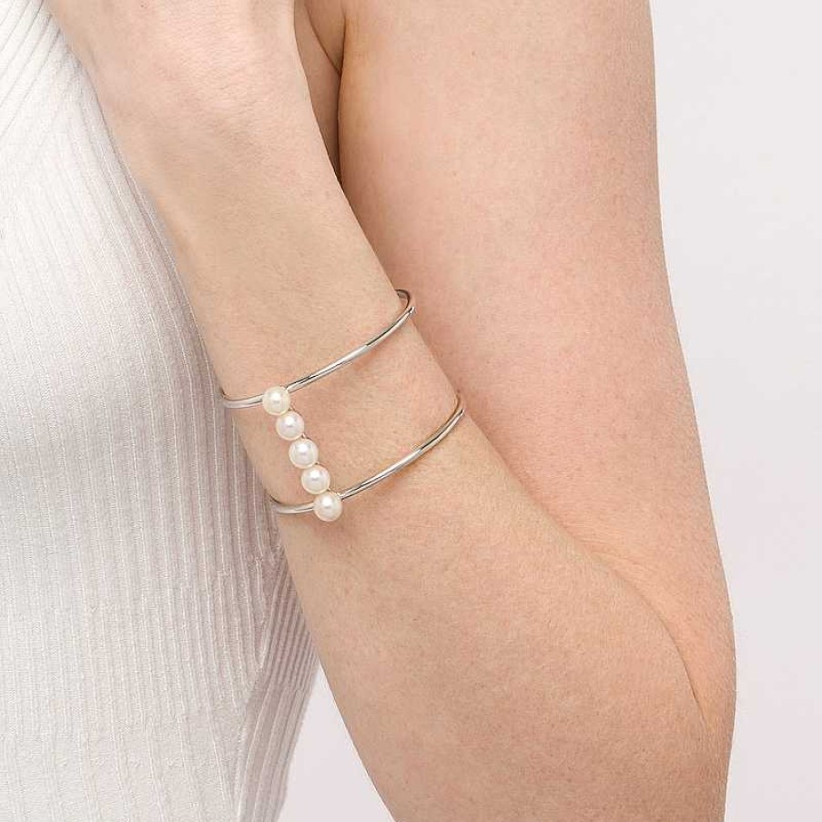 Bracelets Zales | 8.0Mm Cultured Freshwater Pearl Five Stone Linear Cuff In Sterling Silver