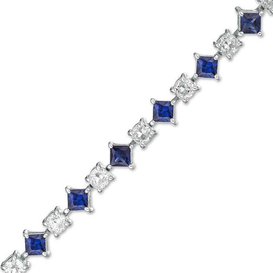 Bracelets Zales | Alternating Princess-Cut Lab-Created Blue And White Sapphire Line Bracelet In Sterling Silver - 7.25"