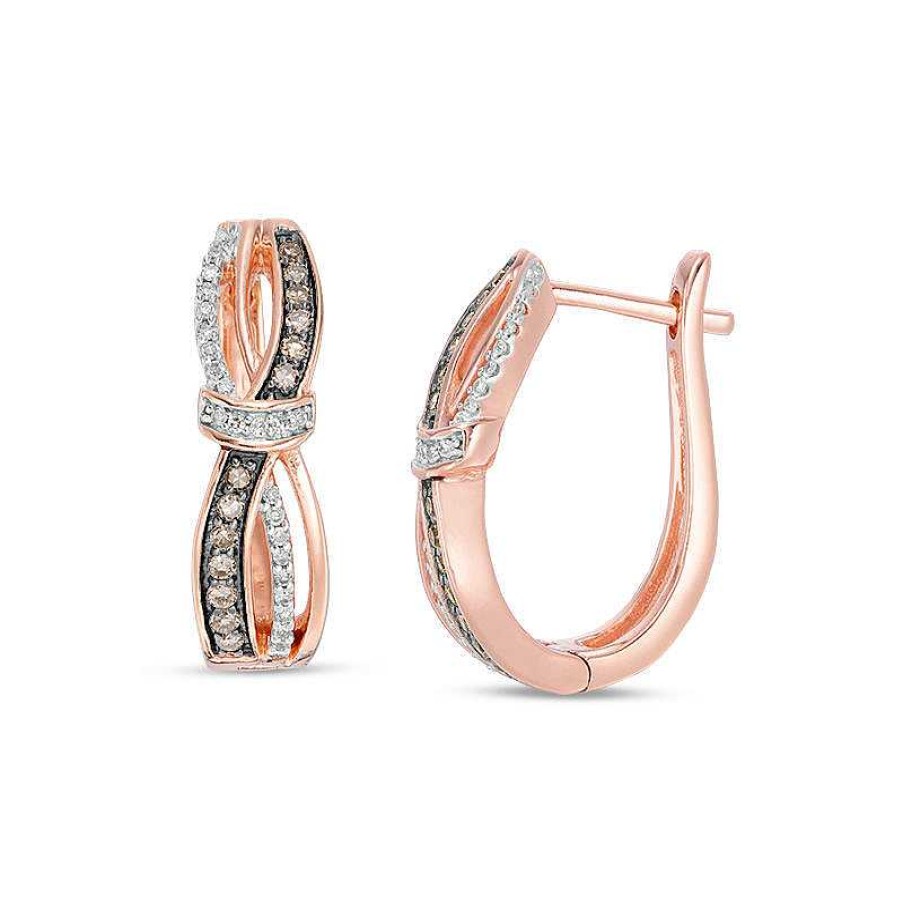 Earrings Zales | 1/5 Ct. T.W. Champagne And White Diamond Knot Wave Hoop Earrings In 10K Rose Gold