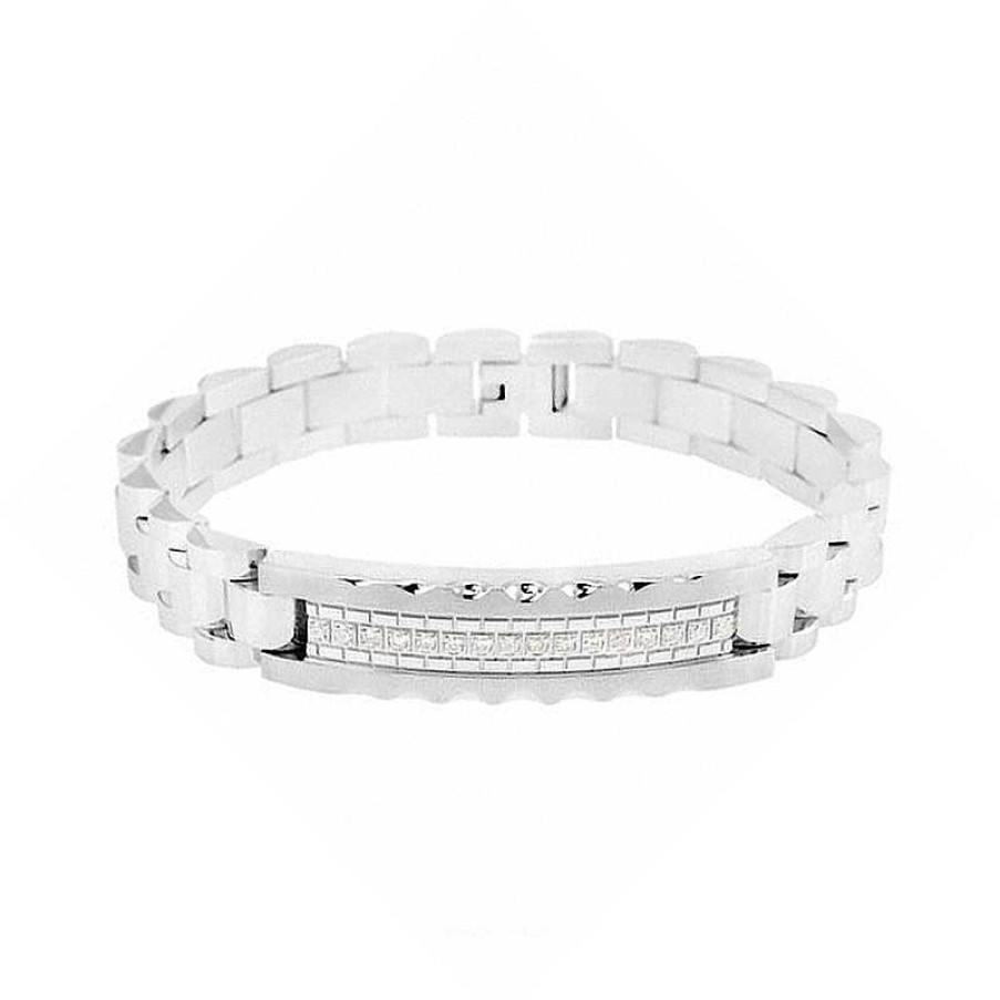 Bracelets Zales | Men'S 1/5 Ct. T.W. Diamond Id Bracelet In Stainless Steel - 8.5"