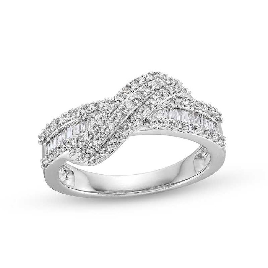 Rings Zales | 1/2 Ct. T.W. Baguette And Round Diamond Edge Bypass Overlay Ring In 10K White Gold