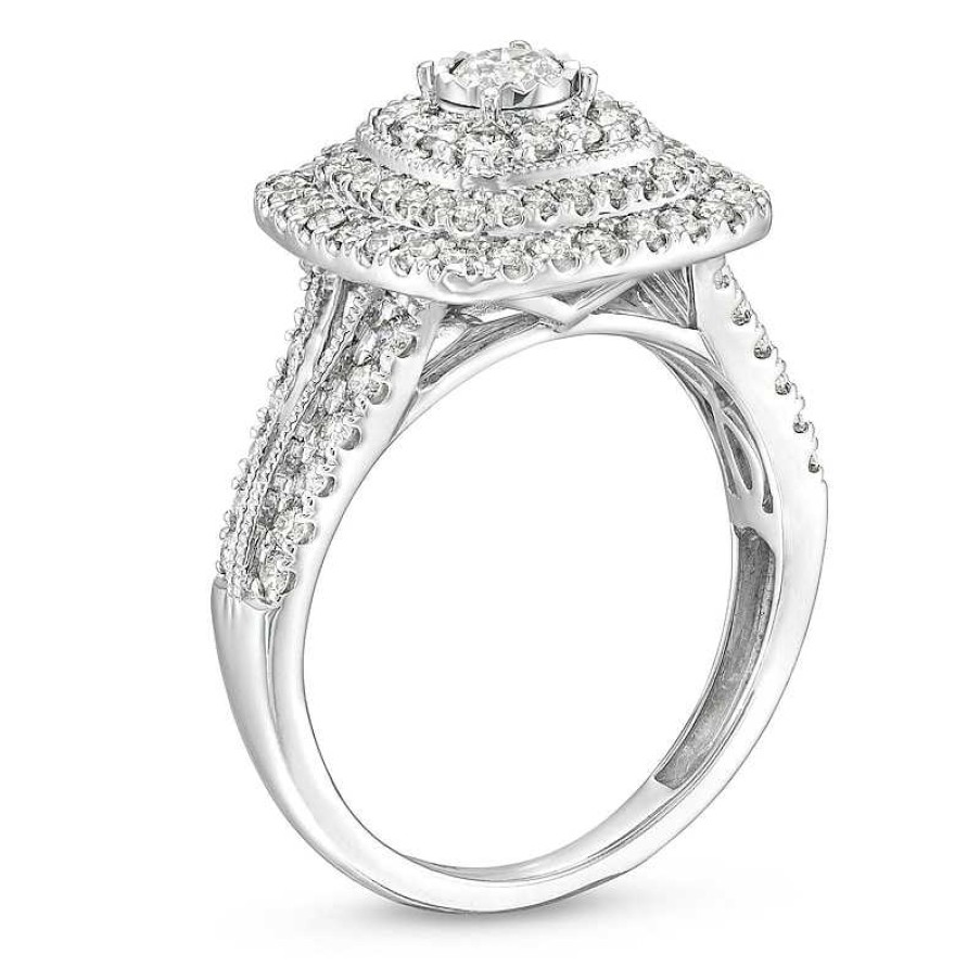 Rings Zales | 1 Ct. T.W. Diamond Triple Cushion Frame Multi-Row Vintage-Style Engagement Ring In 10K White Gold