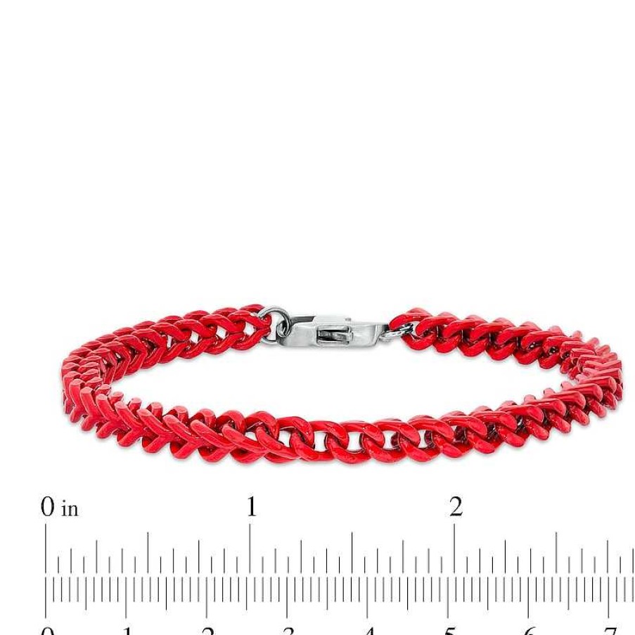 Bracelets Zales | 5.0Mm Franco Snake Chain Bracelet In Stainless Steel With Red Acrylic - 9.0"