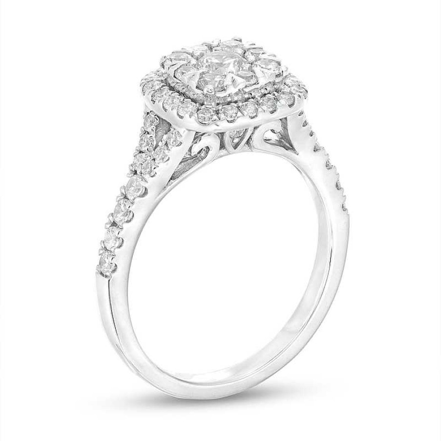 Rings Zales | 1 Ct. T.W. Cushion-Shaped Multi-Diamond Frame Split Shank Engagement Ring In 14K White Gold