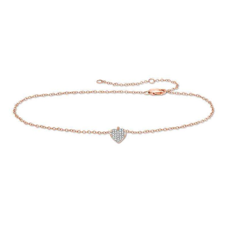 Bracelets Zales | 1/20 Ct. T.W. Diamond Heart Dangle Anklet In 10K Rose Gold - 10"