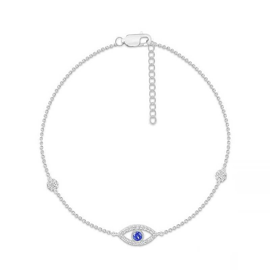 Bracelets Zales | 3.0Mm Blue And White Lab-Created Sapphire Evil Eye Anklet In Sterling Silver - 10"