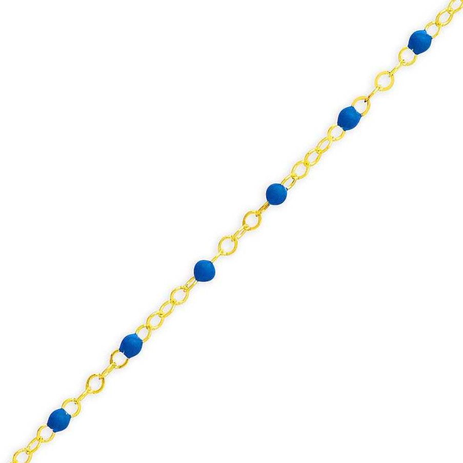 Bracelets Zales | Enamel Cobalt Bead Station Anklet In 14K Gold - 10"