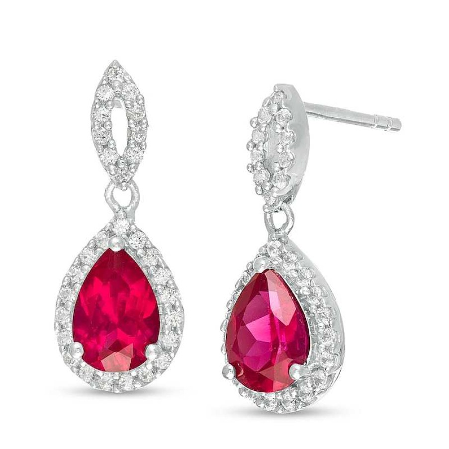 Earrings Zales | Pear-Shaped Lab-Created Ruby And White Sapphire Frame Teardrop Earrings In Sterling Silver