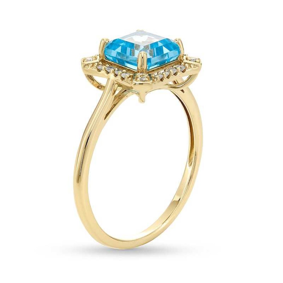 Rings Zales | Asscher-Cut London Blue Topaz And 1/10 Ct. T.W. Diamond Concave Frame Ring In 10K Gold