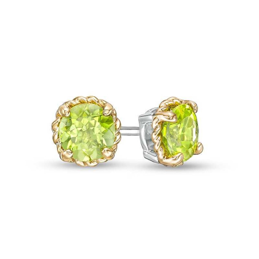 Earrings Zales | 6.0Mm Peridot Solitaire Rope-Textured Frame Stud Earrings In Sterling Silver And 10K Gold