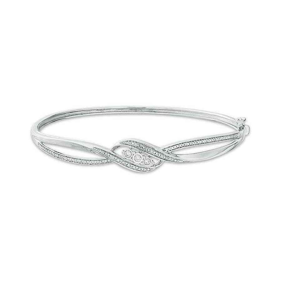 Bracelets Zales | 1/5 Ct. T.W. Diamond Three Stone Bypass Ribbon Bangle In Sterling Silver