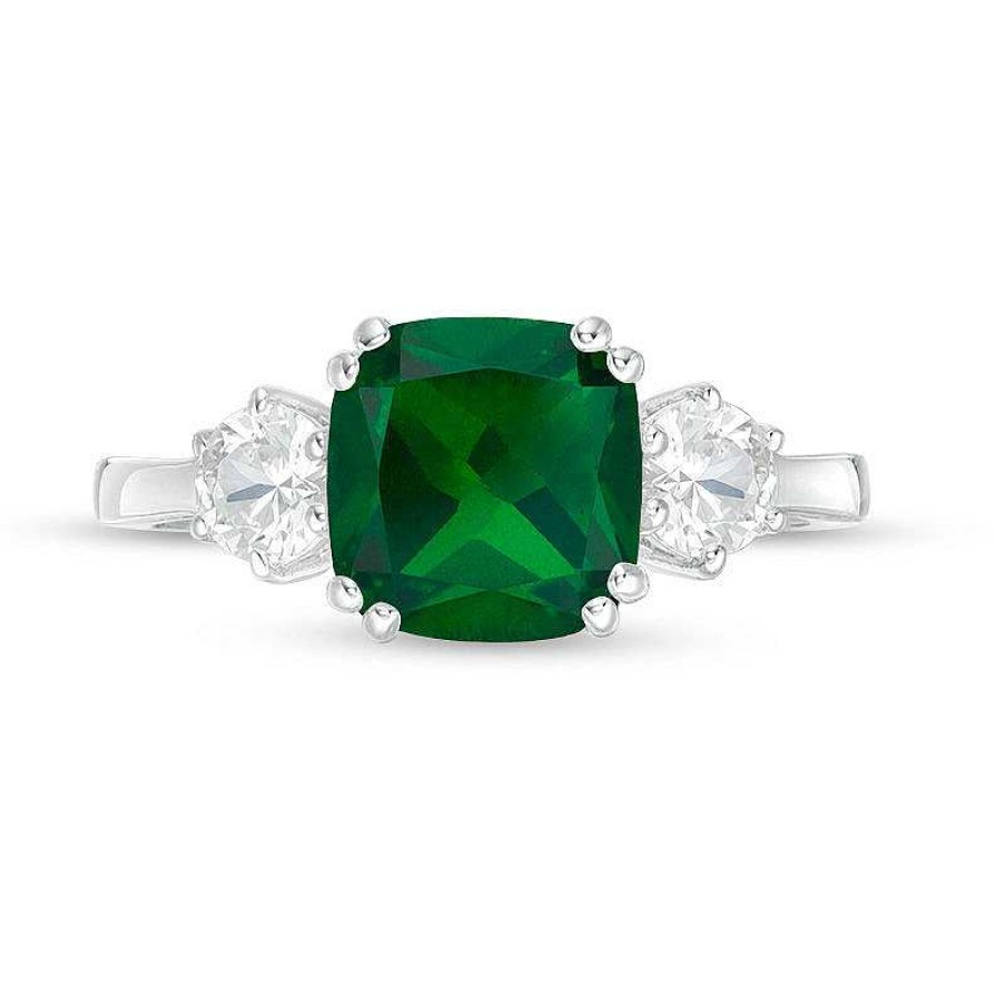 Rings Zales | 8.0Mm Cushion-Cut Green Quartz Doublet And 4.0Mm Lab-Created White Sapphire Three Stone Ring In Sterling Silver