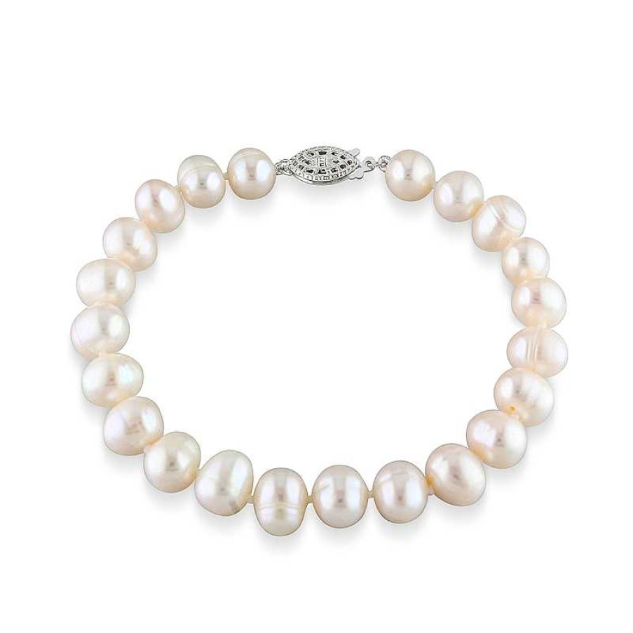 Bracelets Zales | 7.5-8.0Mm Cultured Freshwater Pearl Strand Bracelet With Sterling Silver Clasp - 7.75"