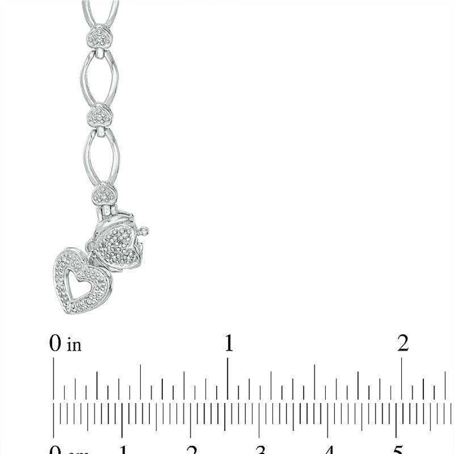 Bracelets Zales | Diamond Accent Oval Link With Heart Charm Bracelet In Sterling Silver - 7.25"