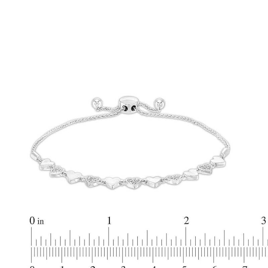 Bracelets Zales | 1/6 Ct. T.W. Diamond Alternating Heart Bolo Bracelet In Sterling Silver – 9.5"