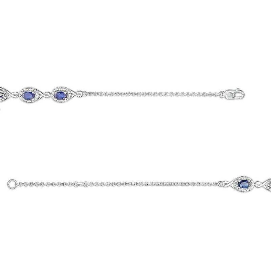 Bracelets Zales | Oval Blue Sapphire And Diamond Accent Twist Five Stone Bracelet In 10K White Gold – 8.0"