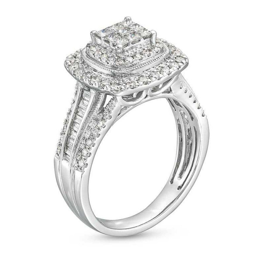 Rings Zales | 1 Ct. T.W. Princess-Cut Multi-Diamond Cushion Frame Vintage-Style Engagement Ring In 10K White Gold