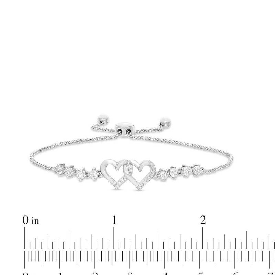 Bracelets Zales | White Lab-Created Sapphire Double Hearts Bolo Bracelet In Sterling Silver - 9.0"