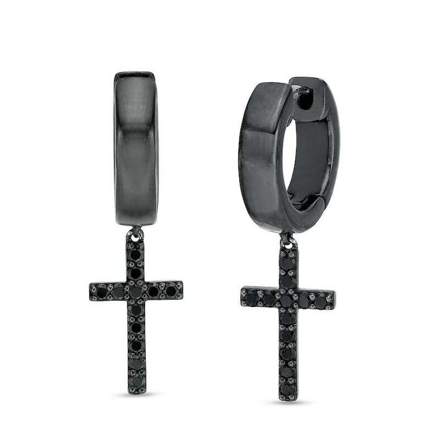 Earrings Zales | Vera Wang Men 3/8 Ct. T.W. Black Diamond Cross Drop Earrings In Sterling Silver With Black Ruthenium