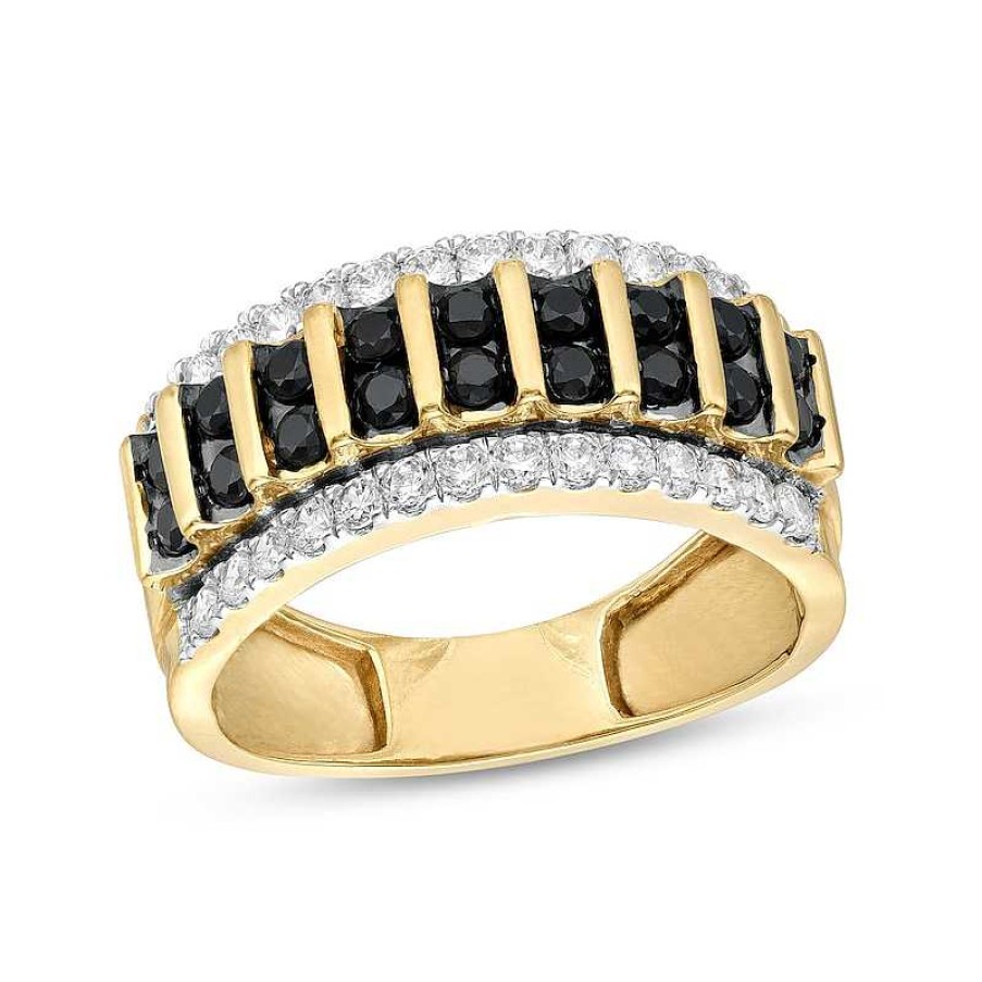 Rings Zales | Men'S 1 Ct. T.W. Black And White Diamond Edge Raised Double Row Ring In 10K Gold