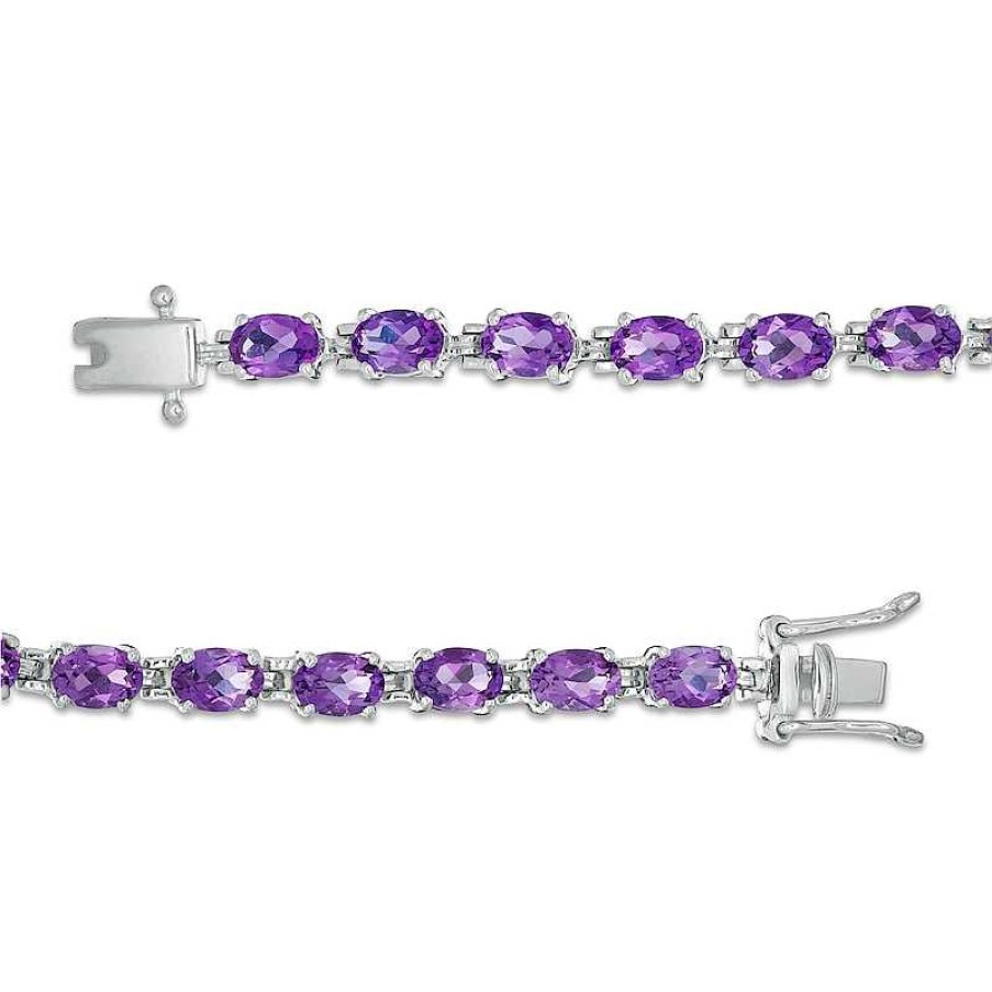 Bracelets Zales | Sideways Oval Amethyst Tennis Bracelet In Sterling Silver - 7.25"