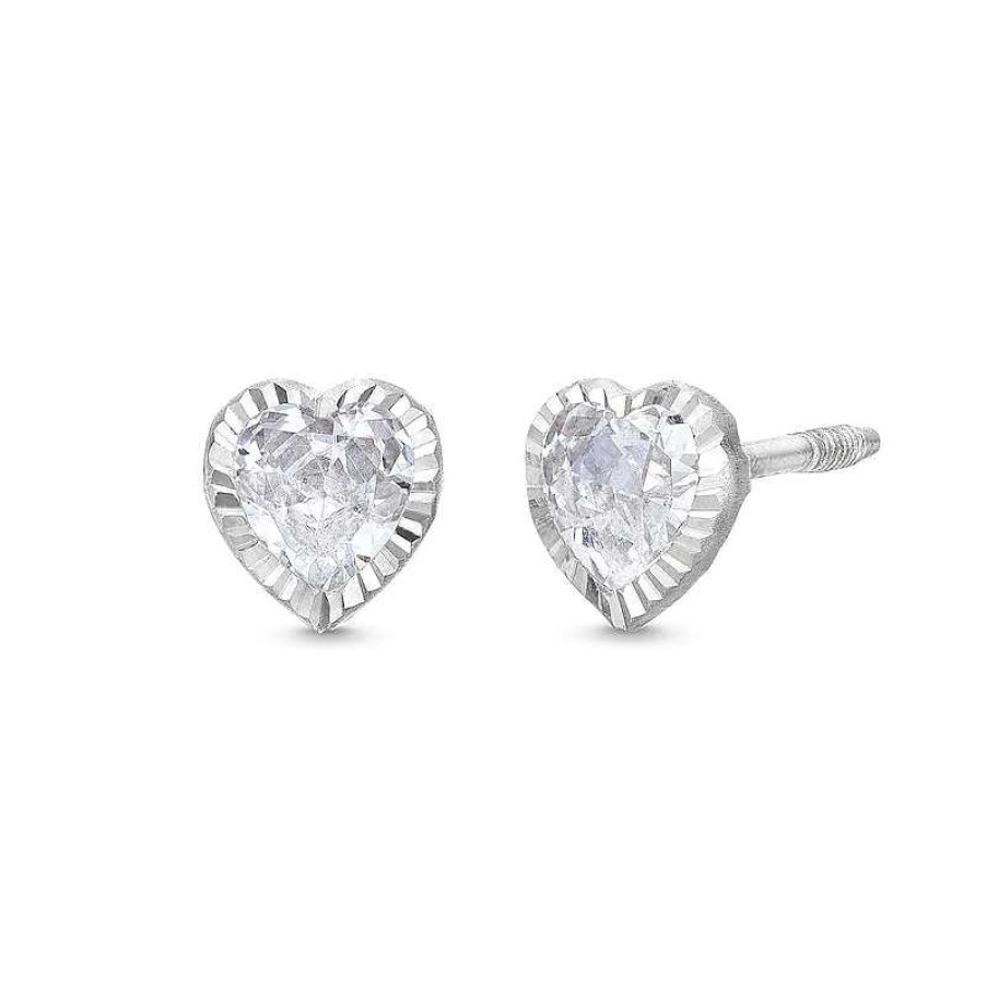 Earrings Zales | Child'S Cubic Zirconia Diamond-Cut Frame Heart Stud Earrings In 14K White Gold