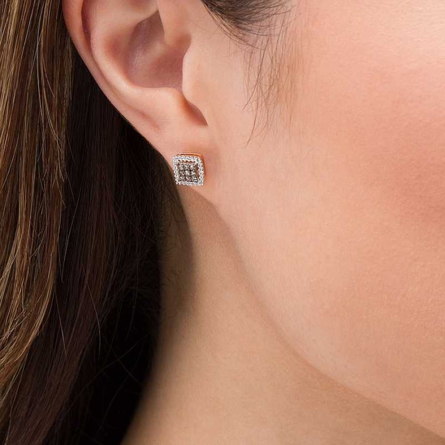 Earrings Zales | 1/3 Ct. T.W. Champagne And White Square Multi-Diamond Frame Stud Earrings In 10K Rose Gold