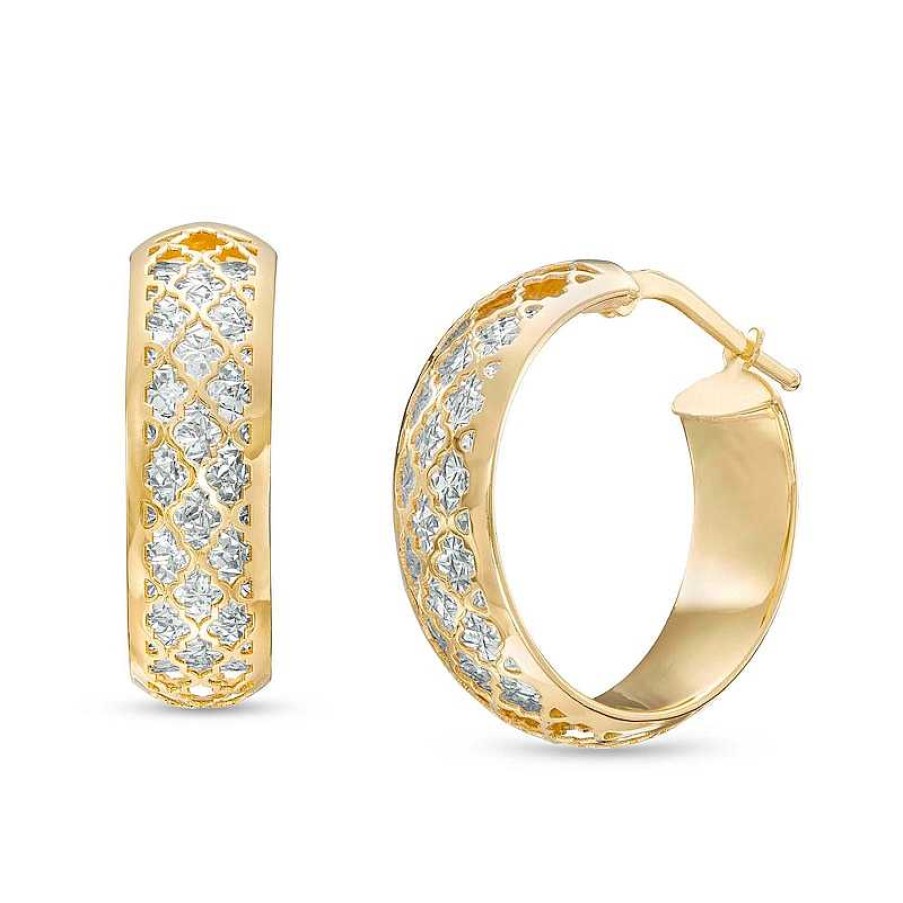 Earrings Zales | Oro Diamante™ 10.0Mm Diamond-Cut Lattice Hoop Earrings In 14K Gold