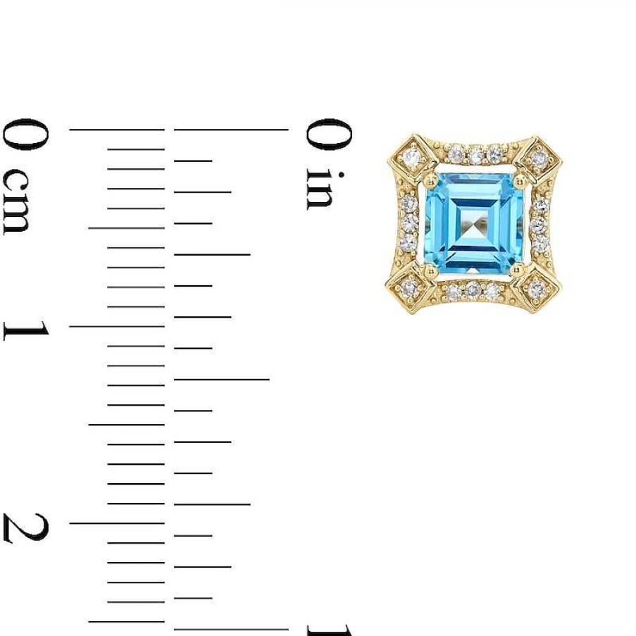 Earrings Zales | Asscher-Cut London Blue Topaz And 1/10 Ct. T.W. Diamond Concave Frame Stud Earrings In 10K Gold