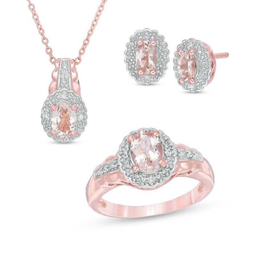 Earrings Zales | Oval Morganite And White Topaz Frame Three Piece Set In Sterling Silver With 14K Rose Gold Plate