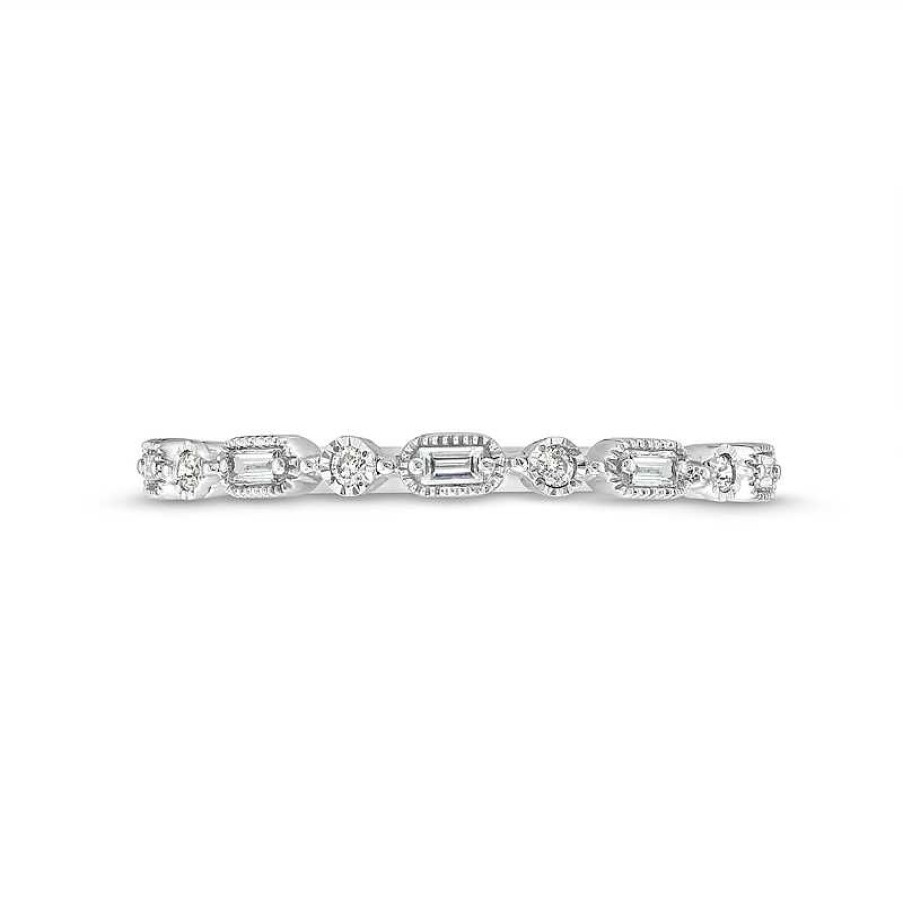 Rings Zales | 1/15 Ct. T.W. Baguette And Round Diamond Vintage-Style Stackable Band In 10K White Gold