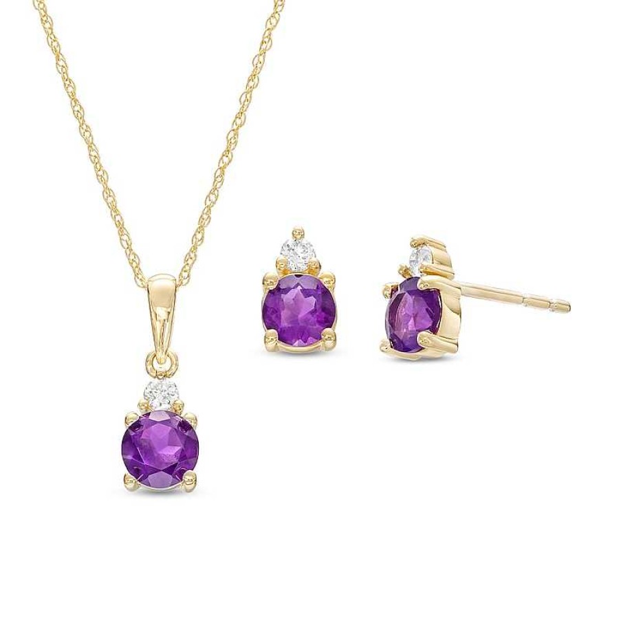 Earrings Zales | Amethyst And 1/15 Ct. T.W. Diamond Stacked Drop Pendant And Stud Earrings Set In 10K Gold