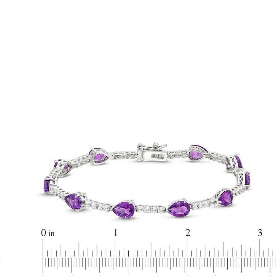 Bracelets Zales | Pear-Shaped Amethyst And White Lab-Created Sapphire Station Line Bracelet In Sterling Silver - 7.25"