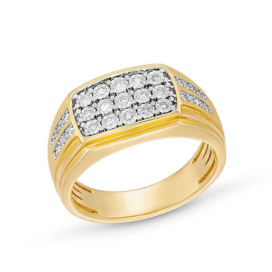 Rings Zales | Men'S 1/4 Ct. T.W. Diamond Rectangle-Top Triple Row Ring In 10K Gold