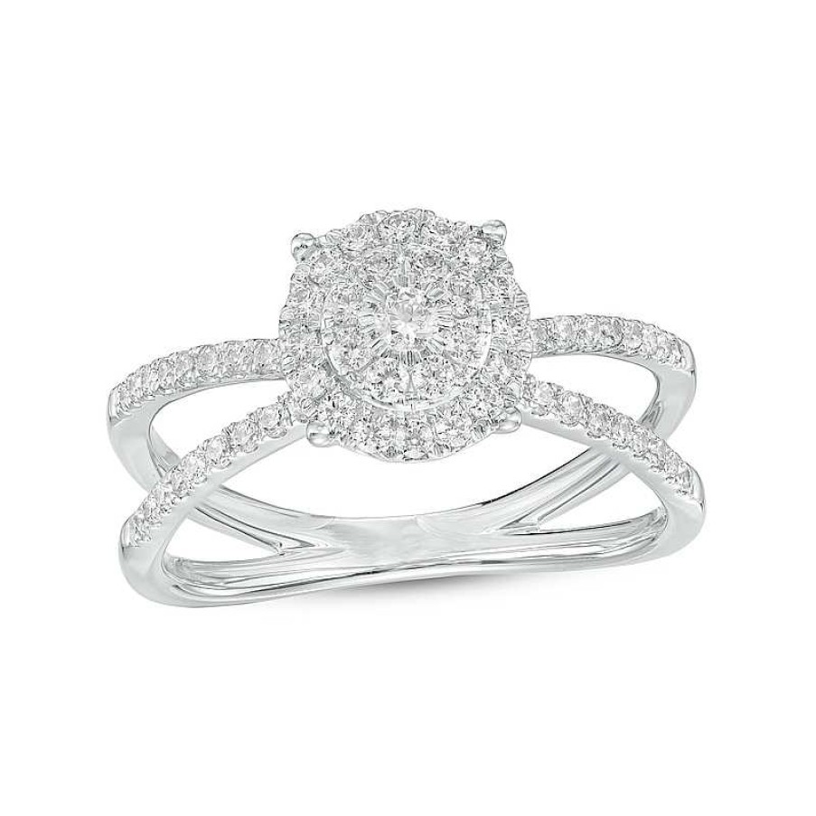 Rings Zales | 1/2 Ct. T.W. Multi-Diamond Frame Orbit-Style Split Shank Ring In 10K White Gold