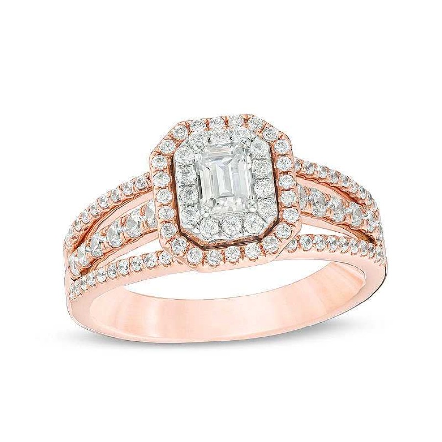 Rings Zales | Celebration Ideal 1 Ct. T.W. Emerald-Cut Diamond Double Frame Multi-Row Engagement Ring In 14K Two-Tone Gold (I/Si2)