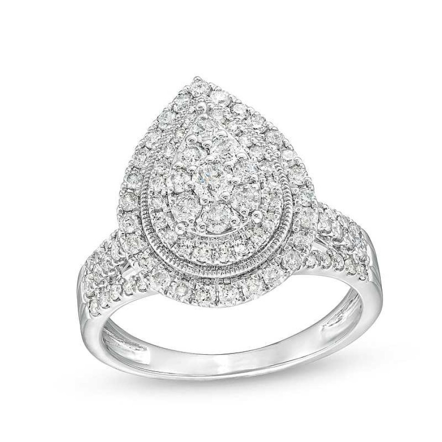 Rings Zales | 1 Ct. T.W. Pear Multi-Diamond Multi-Row Vintage-Style Engagement Ring In 10K White Gold