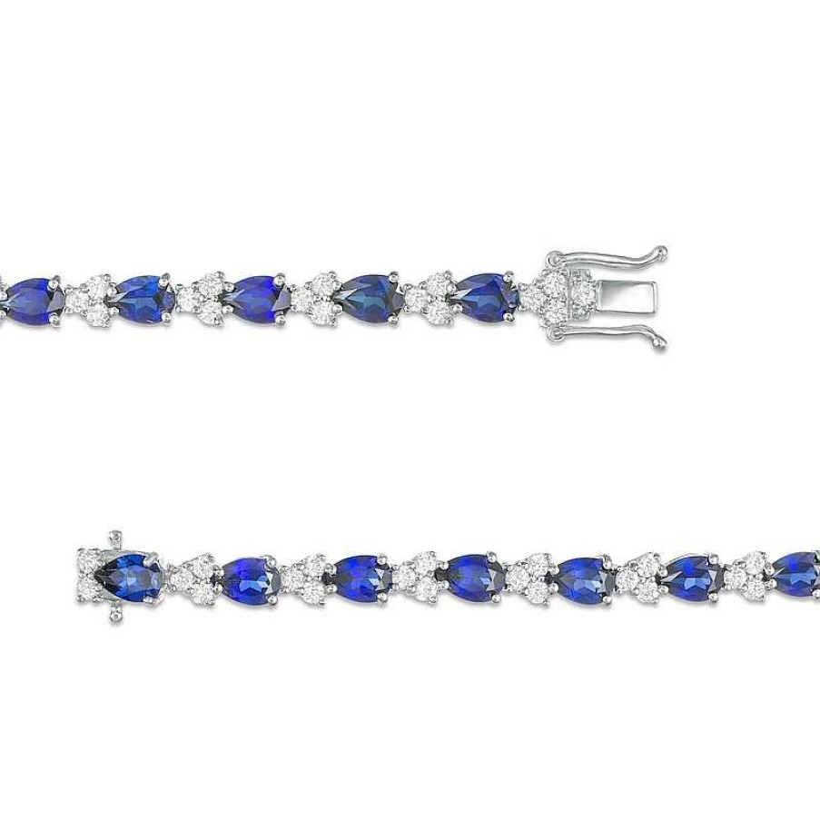 Bracelets Zales | Pear-Shaped Lab-Created Blue And White Sapphire Trios Bracelet In Sterling Silver