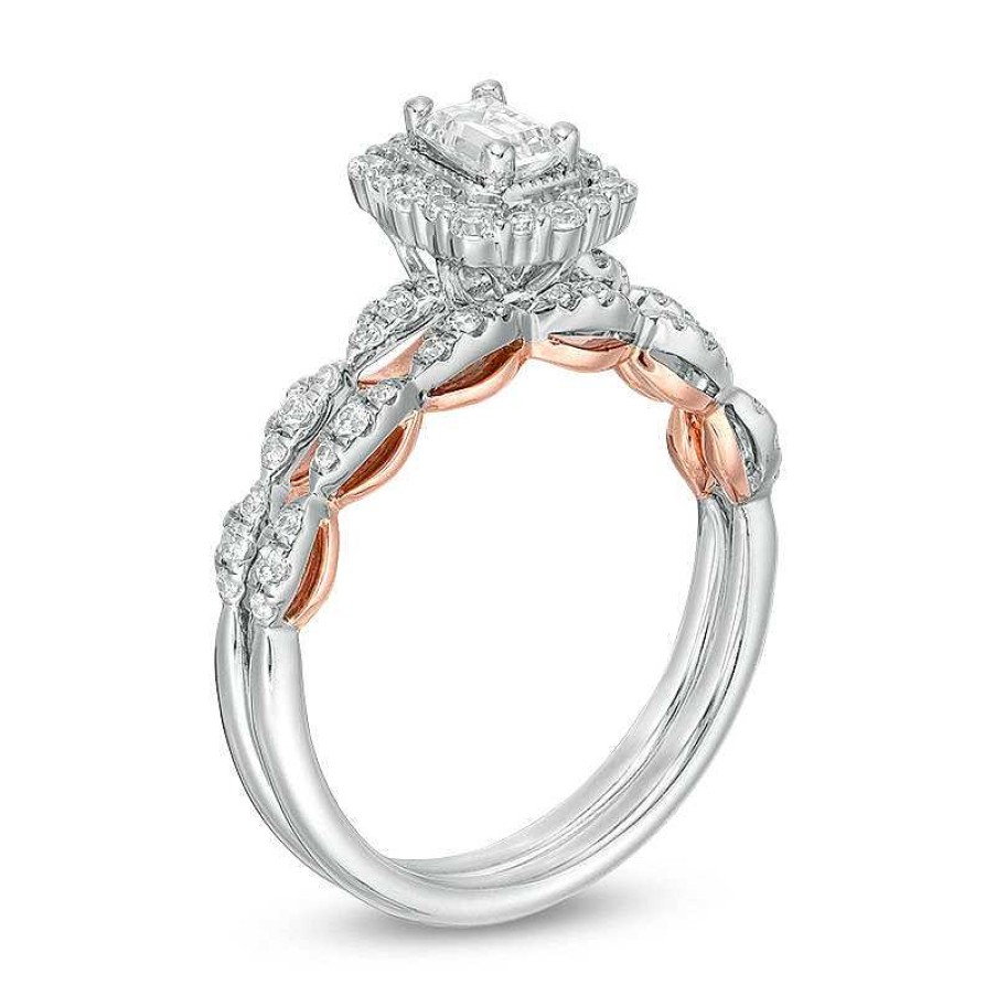 Rings Zales | Celebration Ideal 3/4 Ct. T.W. Emerald-Cut Diamond Frame Scallop Shank Bridal Set In 14K Two-Tone Gold (I/Si2)