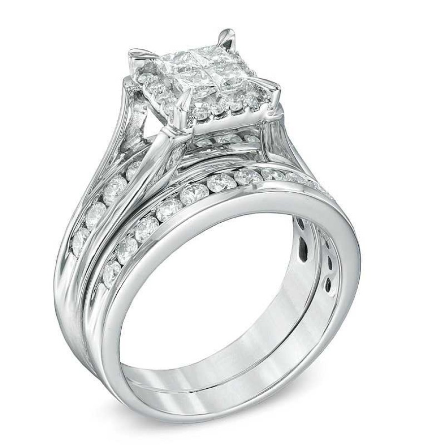 Rings Zales | 1-1/2 Ct. T.W. Quad Princess-Cut Diamond Bridal Set In 14K White Gold