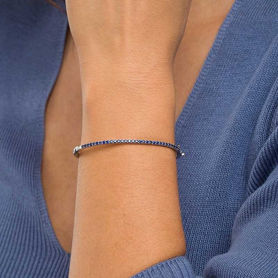 Bracelets Zales | Blue Lab-Created Sapphire Bangle In Sterling Silver – 6.5"