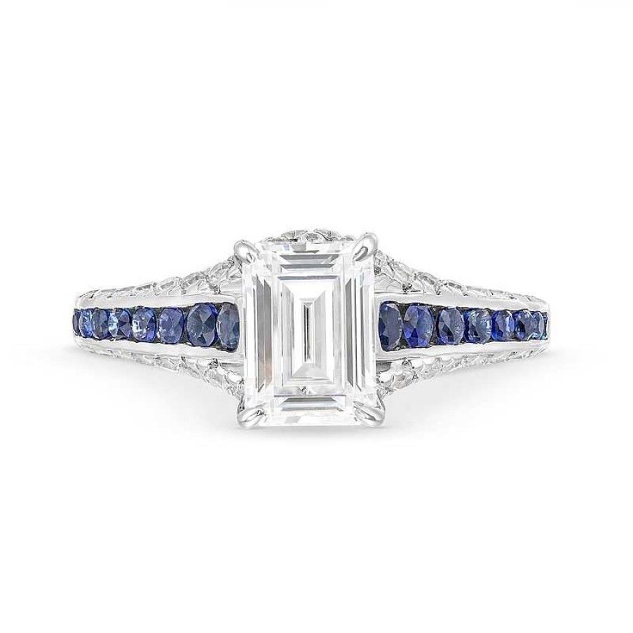 Rings Zales | Vera Wang Love Collection 1-1/2 Ct. T.W. Emerald-Cut Certified Diamond And Sapphire Engagement Ring In 14K White Gold