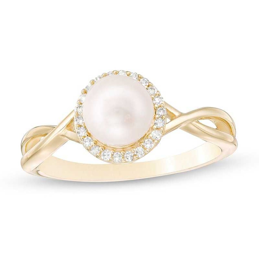 Rings Zales | 6.0Mm Cultured Freshwater Pearl And 1/10 Ct. T.W. Diamond Frame Twist Shank Ring In 10K Gold