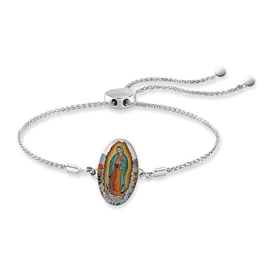 Bracelets Zales | Engravable Enamel Our Lady Of Guadalupe Oval Bolo Bracelet In Sterling Silver (1 Line)